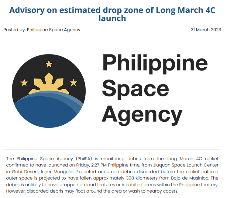 PhilSA nagbabala kontra  rocket debris mula sa Chinese&nbsp;rocket