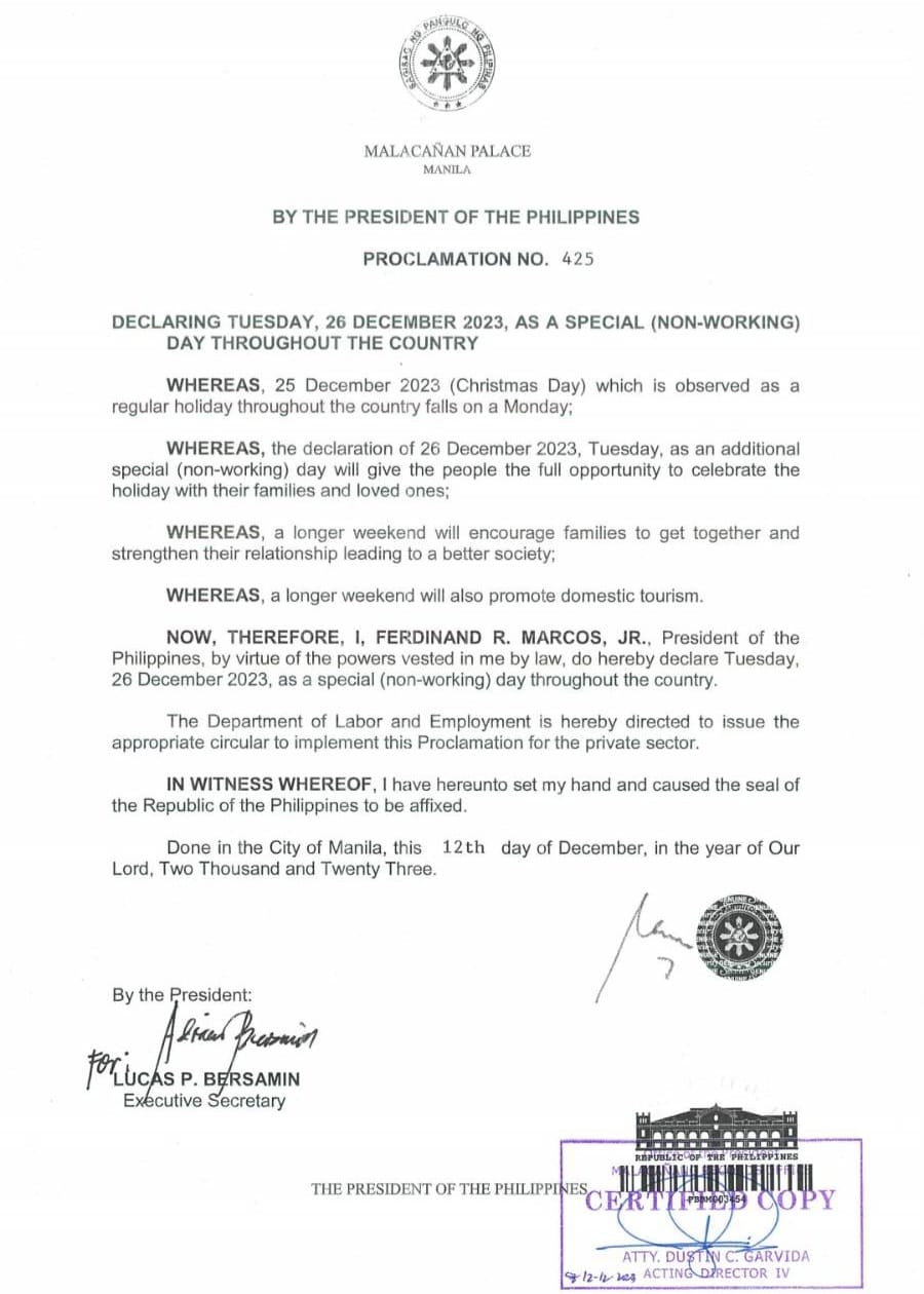 Disyembre 26 deklaradong special non-working day ng&nbsp;Palasyo