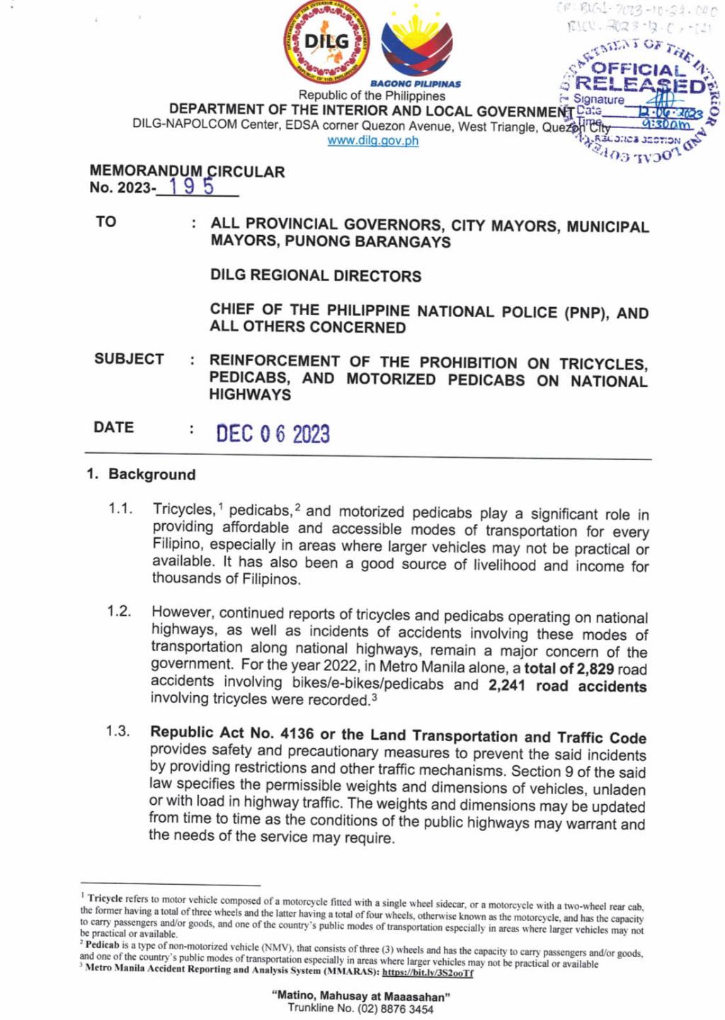 DILG Sec. Abalos nanawagan ng mahigpit na pagbabawal sa mga tricycle sa&nbsp;highway