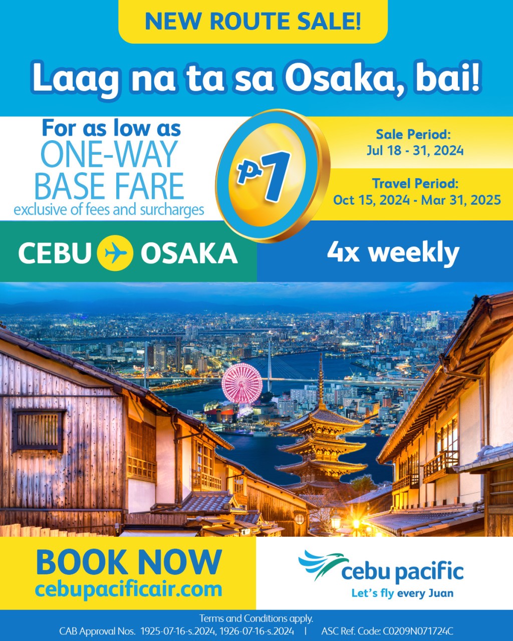 Cebu Pacific to Launch Cebu-Osaka Flights with Piso&nbsp;Sale