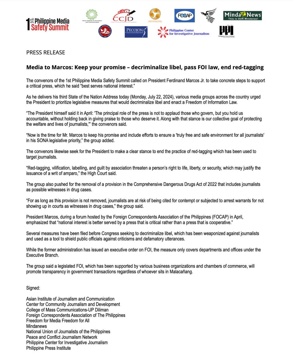 Media to Marcos: Keep your promise – decriminalize libel, pass FOI law, end&nbsp;red-tagging