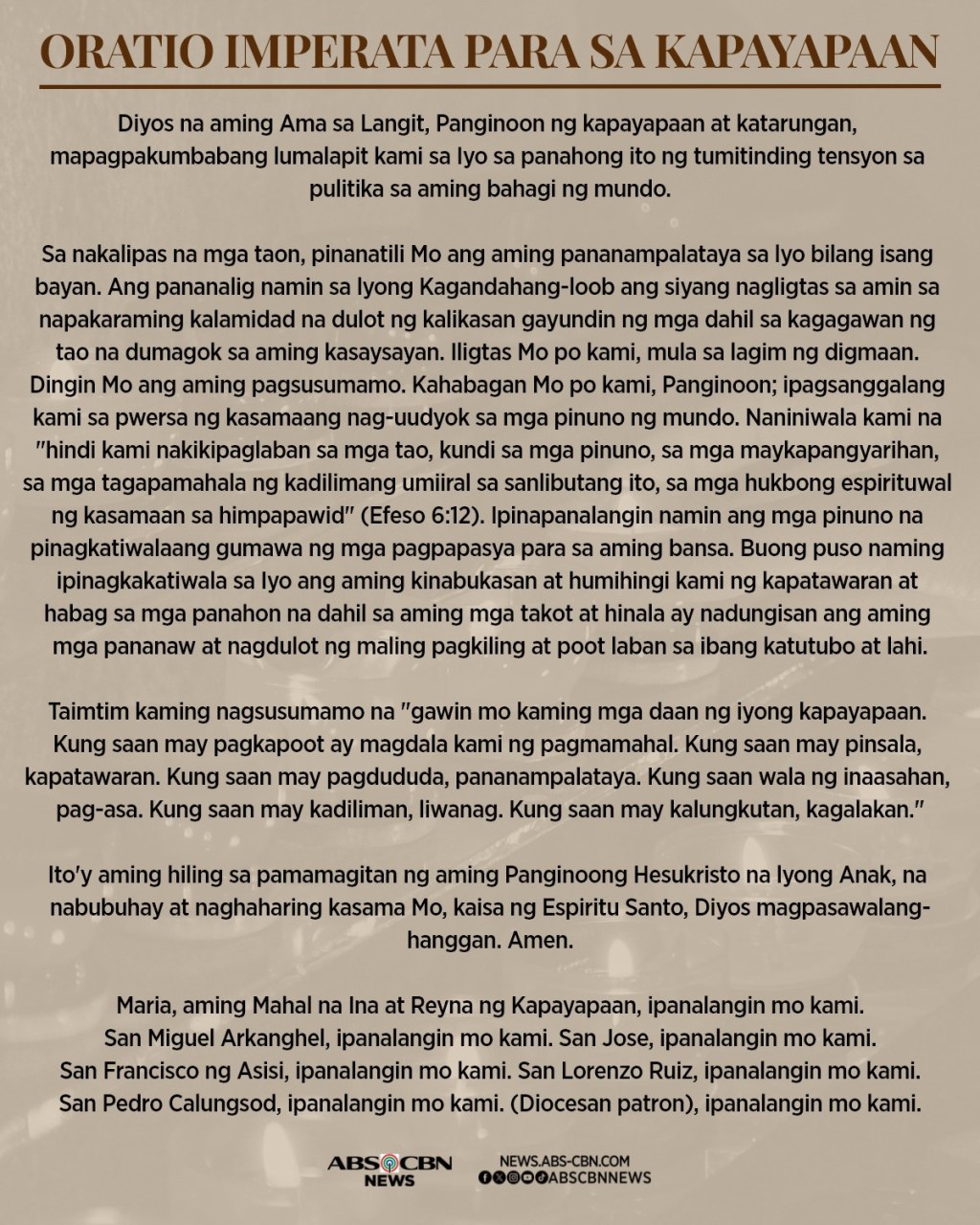 “Oratio Imperata para sa Kapayapaan,” inilabas ng&nbsp;CBCP