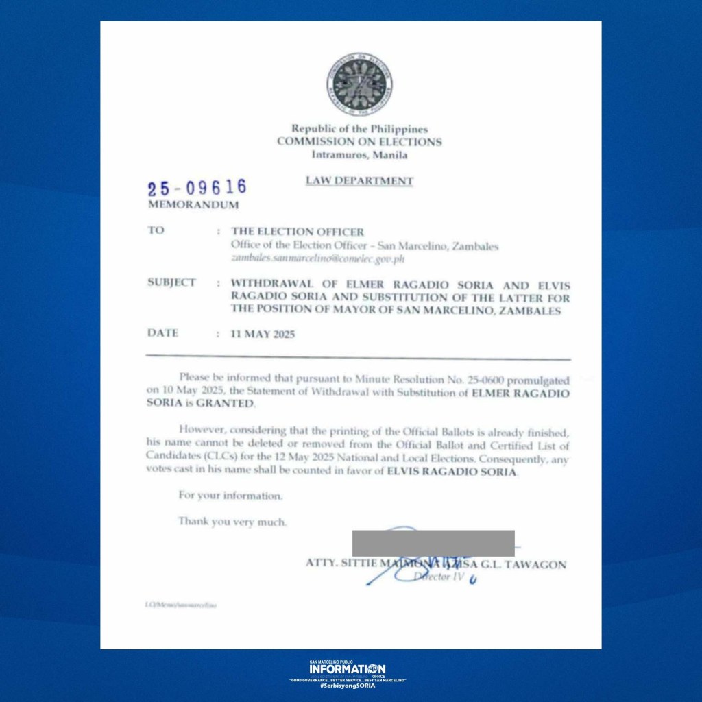 San Marcelino Mayor Elmer Soria, nag withdraw ng kandidatura, kapatid&nbsp;ipapalit