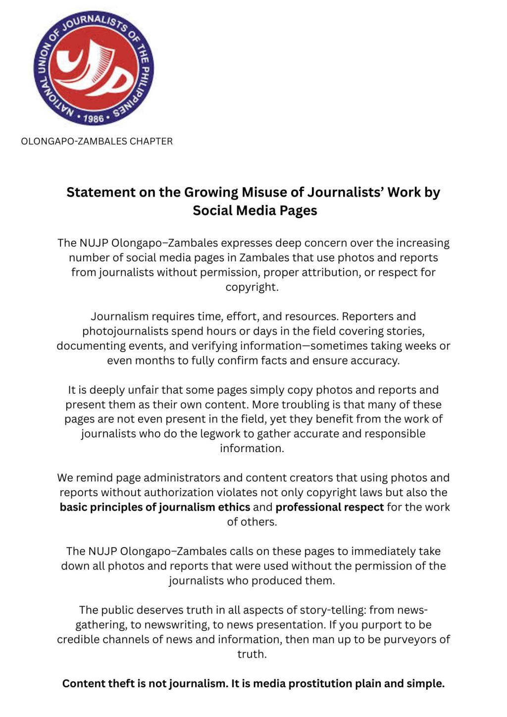 NUJP Olongapo-Zambales Denounces Social Media Pages for Alleged Theft of Journalists’&nbsp;Content